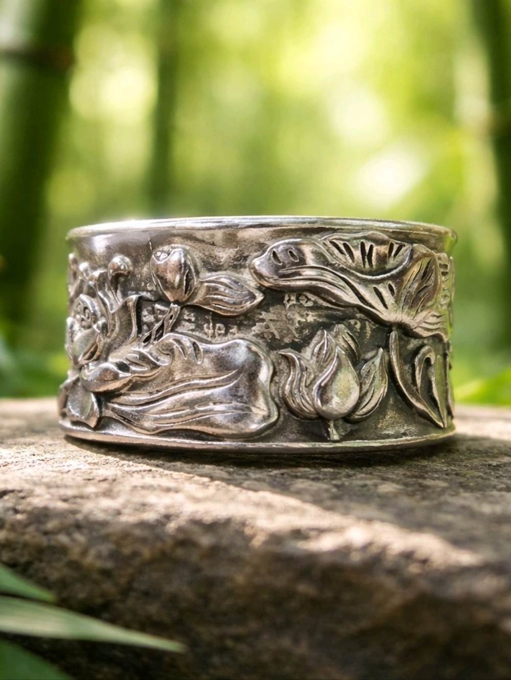 Cool 925 Silver Lotus Motif SZ 8 Adjustible Split Band Meditation Ring
